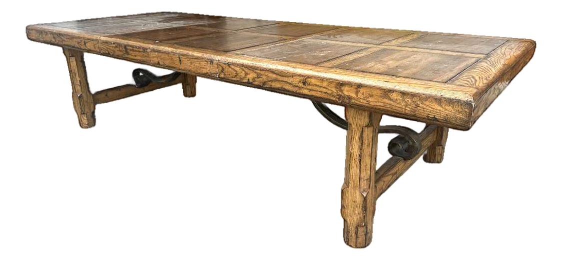 Late 20th Century Monumental Spanish Rustic Style Solid Oak Refectory Table With Heavy Iron Cursive Stretchers - Image 2