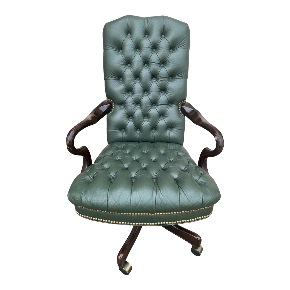 Early 21st Century Green Tufted Leather and Cherry Wood Executive Swivel Chair - Image 2