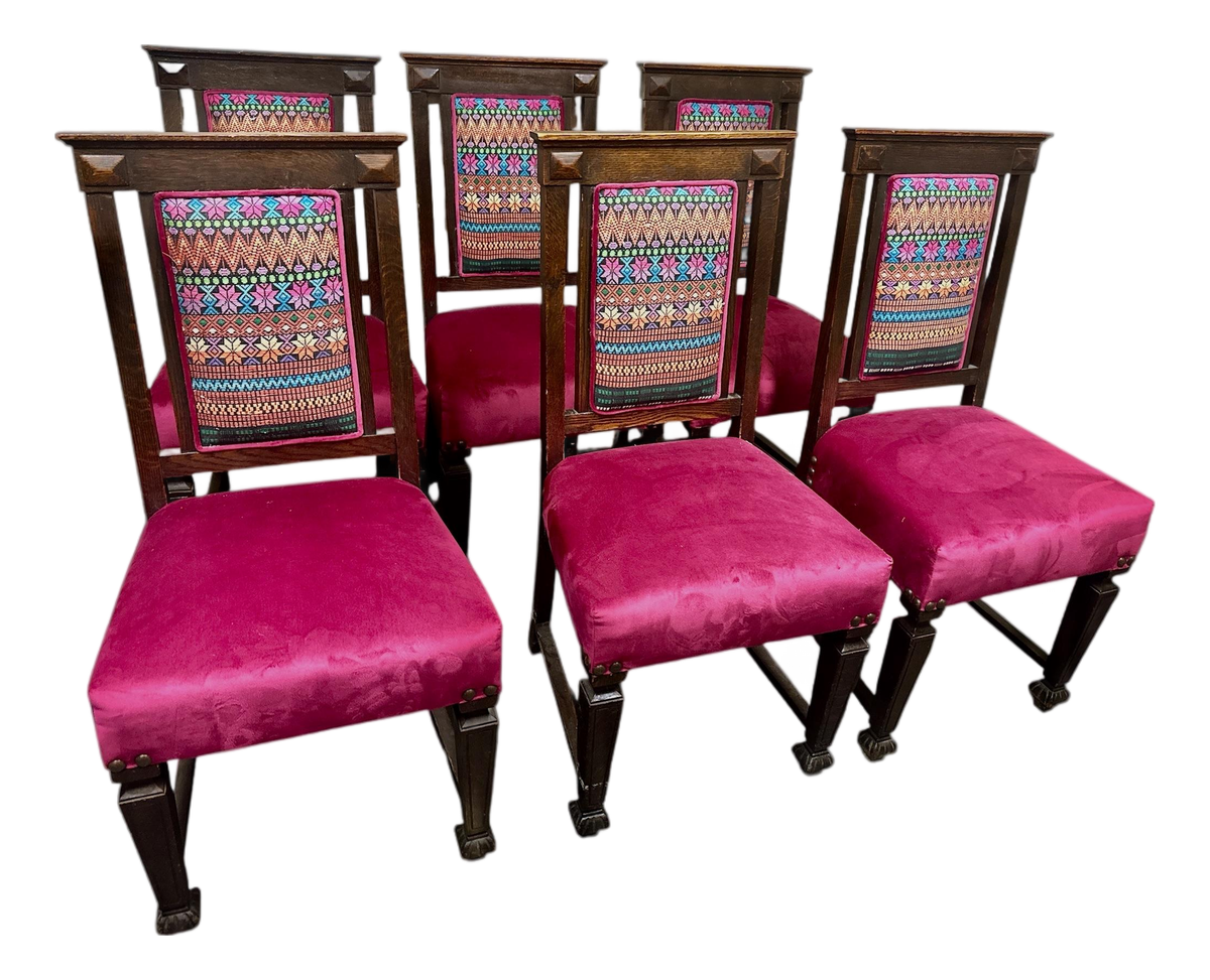 Early 20th Century Edwardian English Oak Dining Chairs With Vivid Mexican Embroidery Upholstery - Set of 6 - Image 2