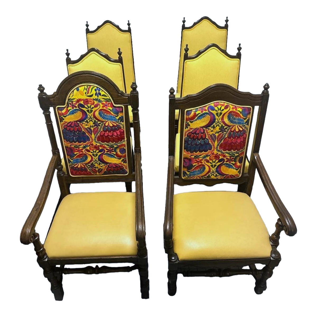 Ethan Allen Vintage Royal Charter Oak Chairs With Chiapas Embroidery, Leather, and Fabric Upholstery - Set of 6 - Image 2