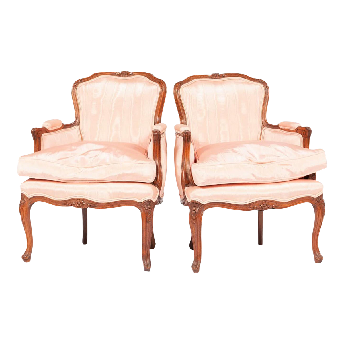 Pair of Antique Louis XV French Children's Bergere Chairs in Walnut and Pink Watered Silk - Provenance Adolphus Busch Heirs - Early 20th Century - Image 2
