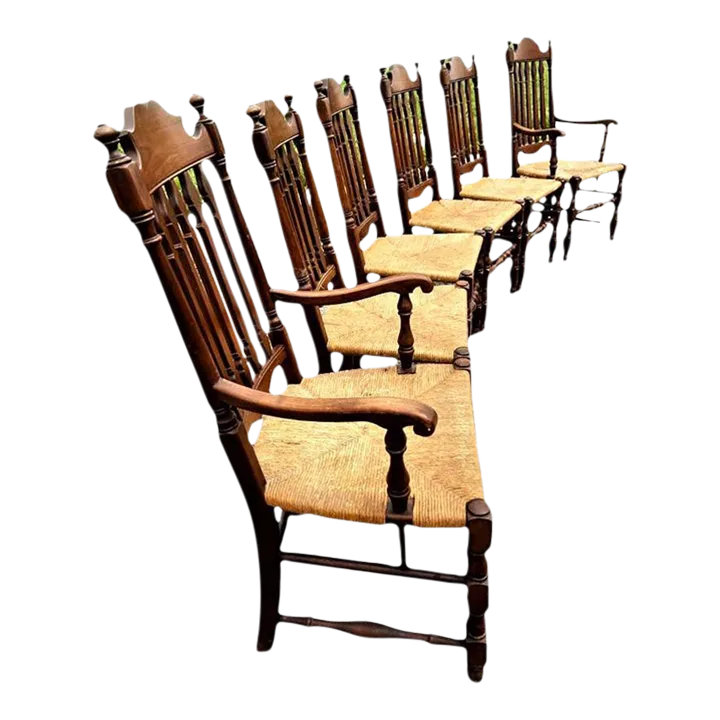 Vintage Solid Walnut and Rush Seat Dining Chairs - Set of 6 With 2 Armchairs - Image 2
