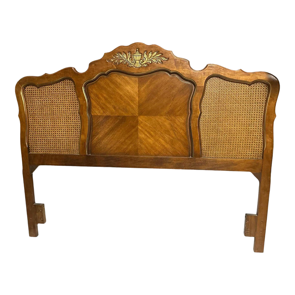 Queen Size French Provincial Louis XV Style Walnut, Burlwood and Caning Headboard - Vintage 1960s - Image 2