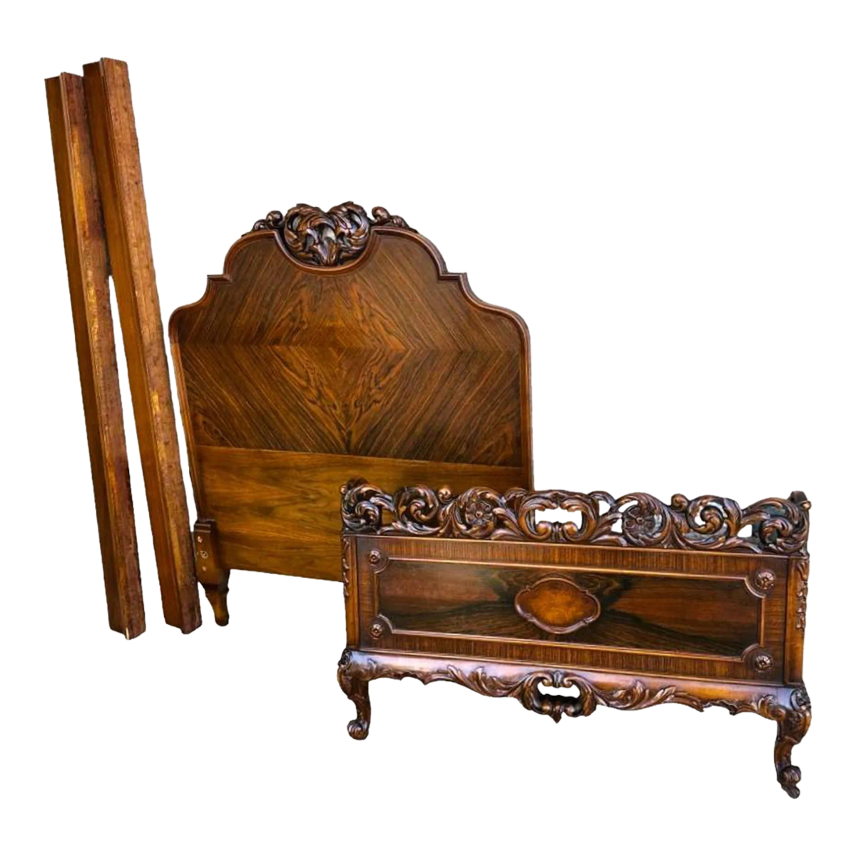 Antique Rococo Heavily Carved Burlwood and Walnut Bed Attributed to Kindel Grand Rapids - Twin Size - Circa 1910 - Image 2