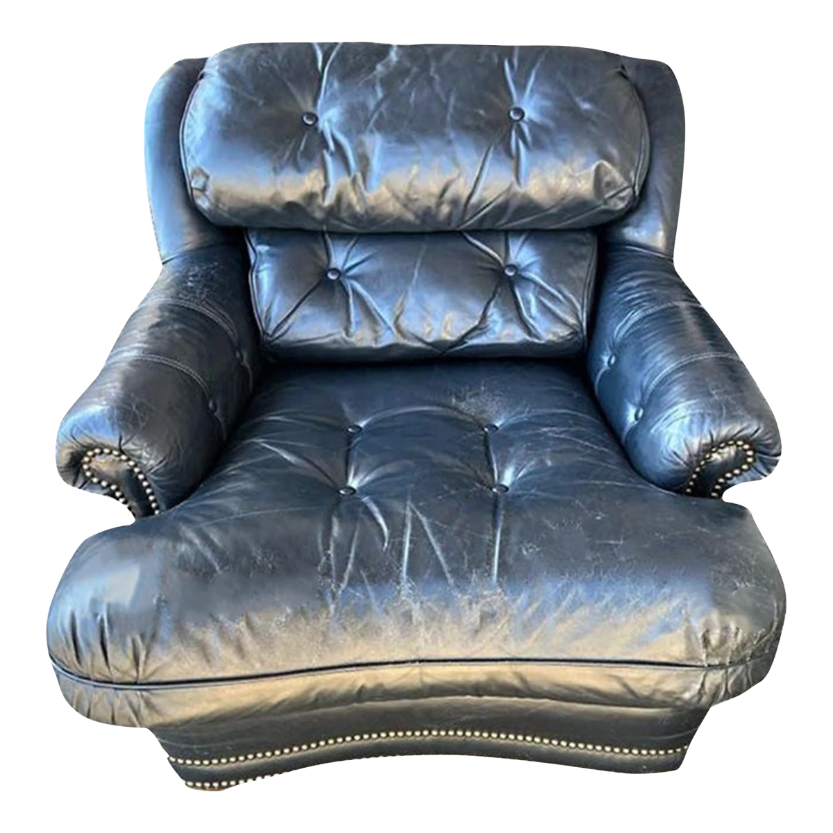Vintage Button Tufted Leather Dark Blue Chair Made in North Carolina - Late 20th Century - Image 2