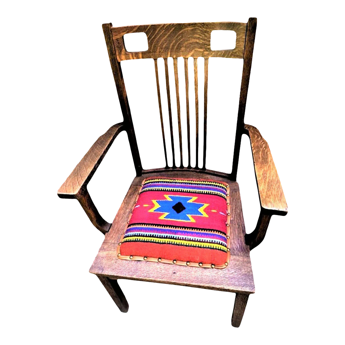 Antique in the Manner of Frank Lloyd Wright - Prairie Style Quarter Sawn Oak Arm Chair With Hand Woven Oaxaca Tapestry Seat - Early 20th Century - Image 2