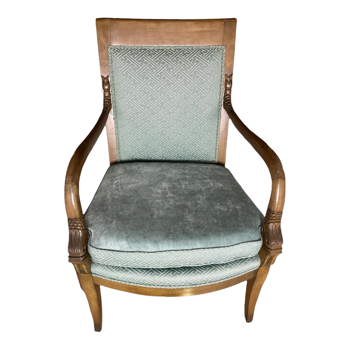 Baker Furniture Empire Style Carved Walnut Chair With Celadon Greek Key and Velvet Upholstery - Circa 1940s - Image 2