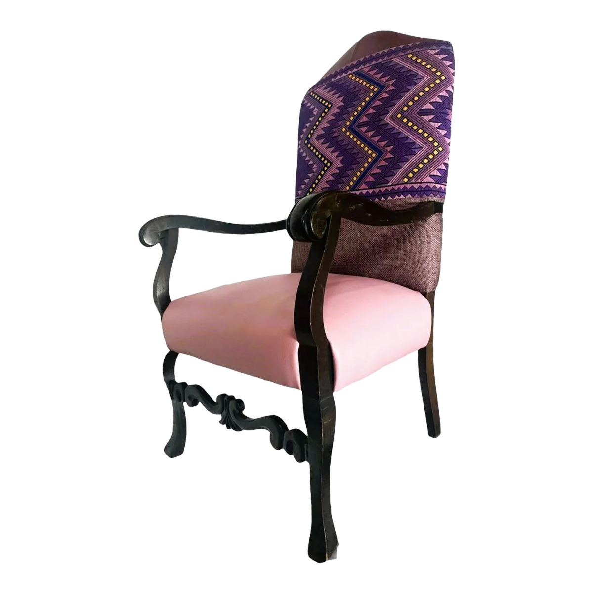 Antique Hacienda Style Chair With New Upholstery of Mauve and Rose Hand Embroidery and Leather - Image 2