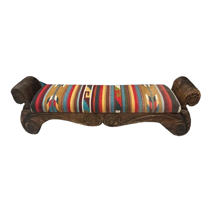 Rustic Hand Carved Mexican Wooden Bench With New Zapotec Tapestry Seat From Oaxaca - Image 2