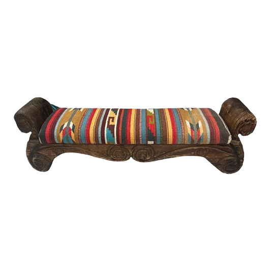 Rustic Hand Carved Mexican Wooden Bench With New Zapotec Tapestry Seat From Oaxaca - Image 2