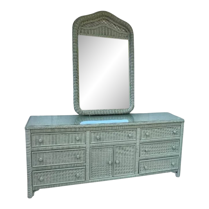 Henry Link Lexington Coastal Wicker Dresser and Mirror Set Circa 1980s - Newly Painted in Sage - Image 2
