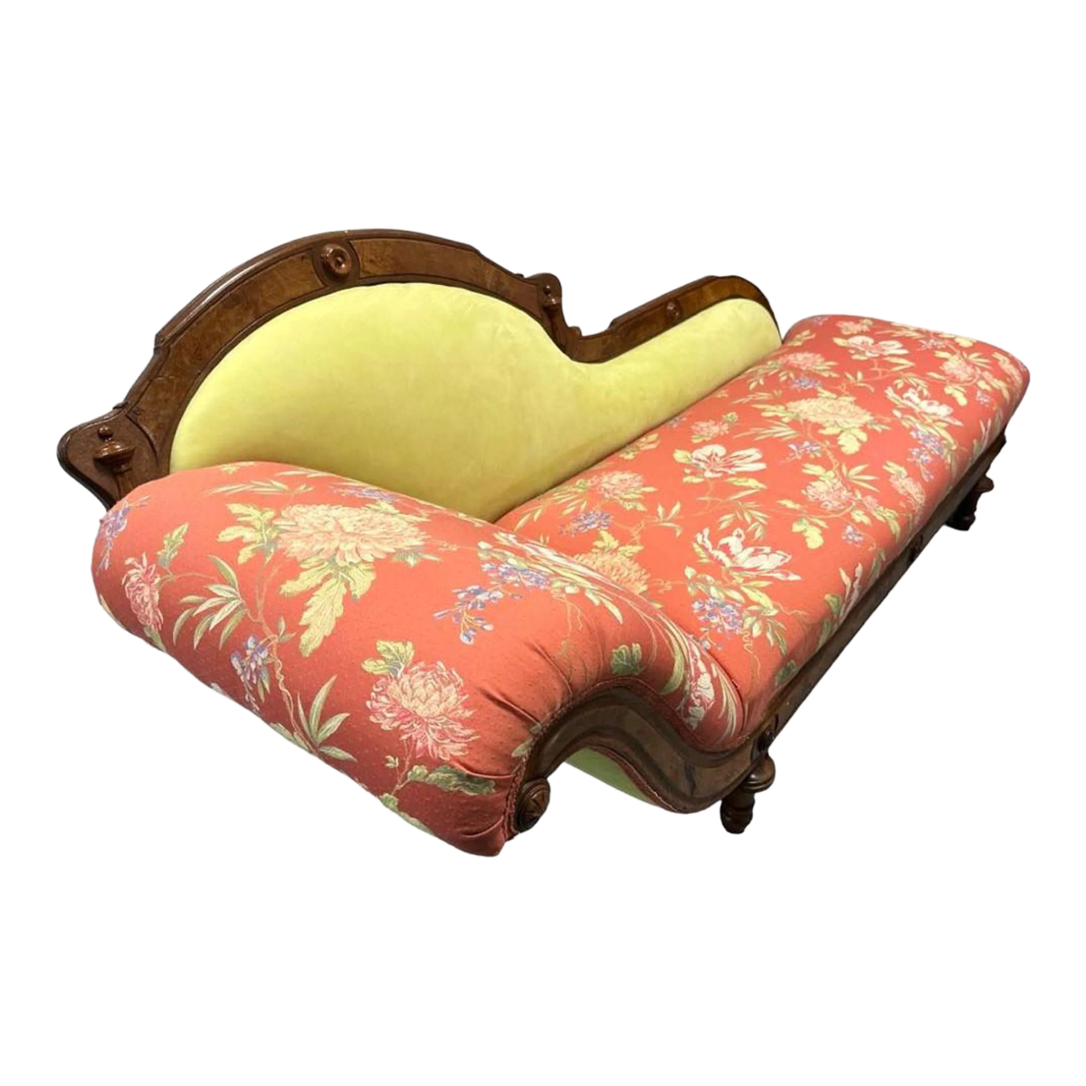 Antique 19th Century Fainting Couch With New Chartreuse Leather and Designer Fabric Upholstery - Image 2
