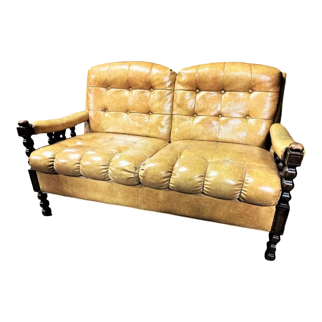 Mustard Yellow Vinyl Mid Century Spanish Revival Settee - Image 2