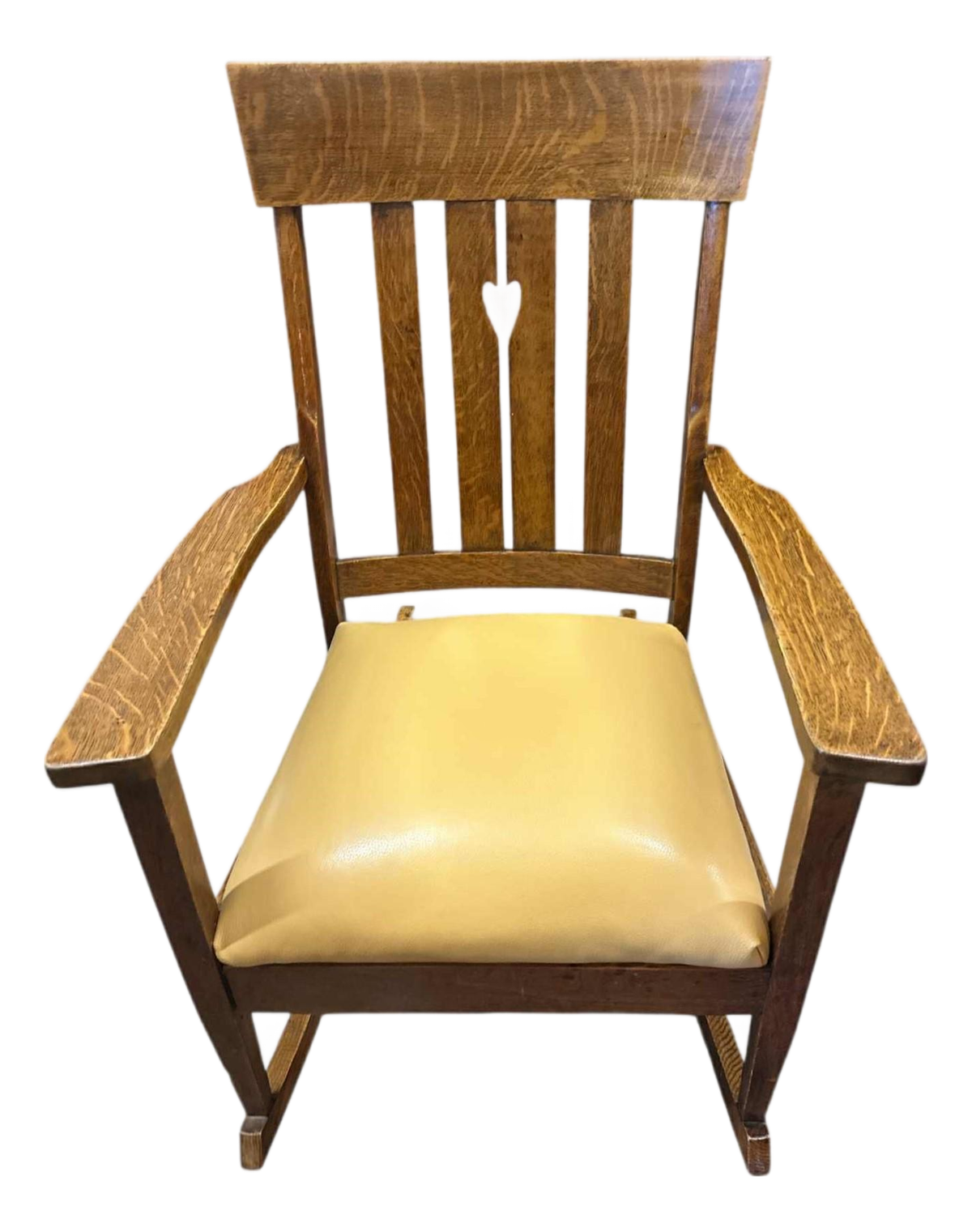 Antique Arts and Crafts Quarter Sawn Oak Rocking Chair With Heart Cutout and New Mustard Leather Seat - Circa 1905 - Image 2
