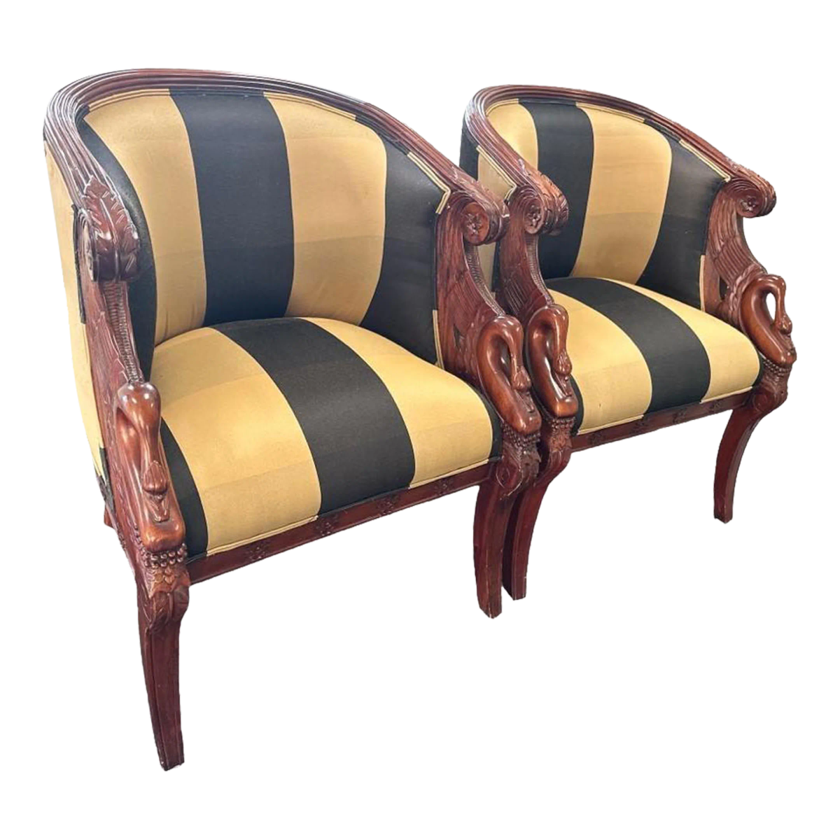 English Regency Mahogany Bergeres With Swan Head Carving and New Upholstery - a Pair - Image 2