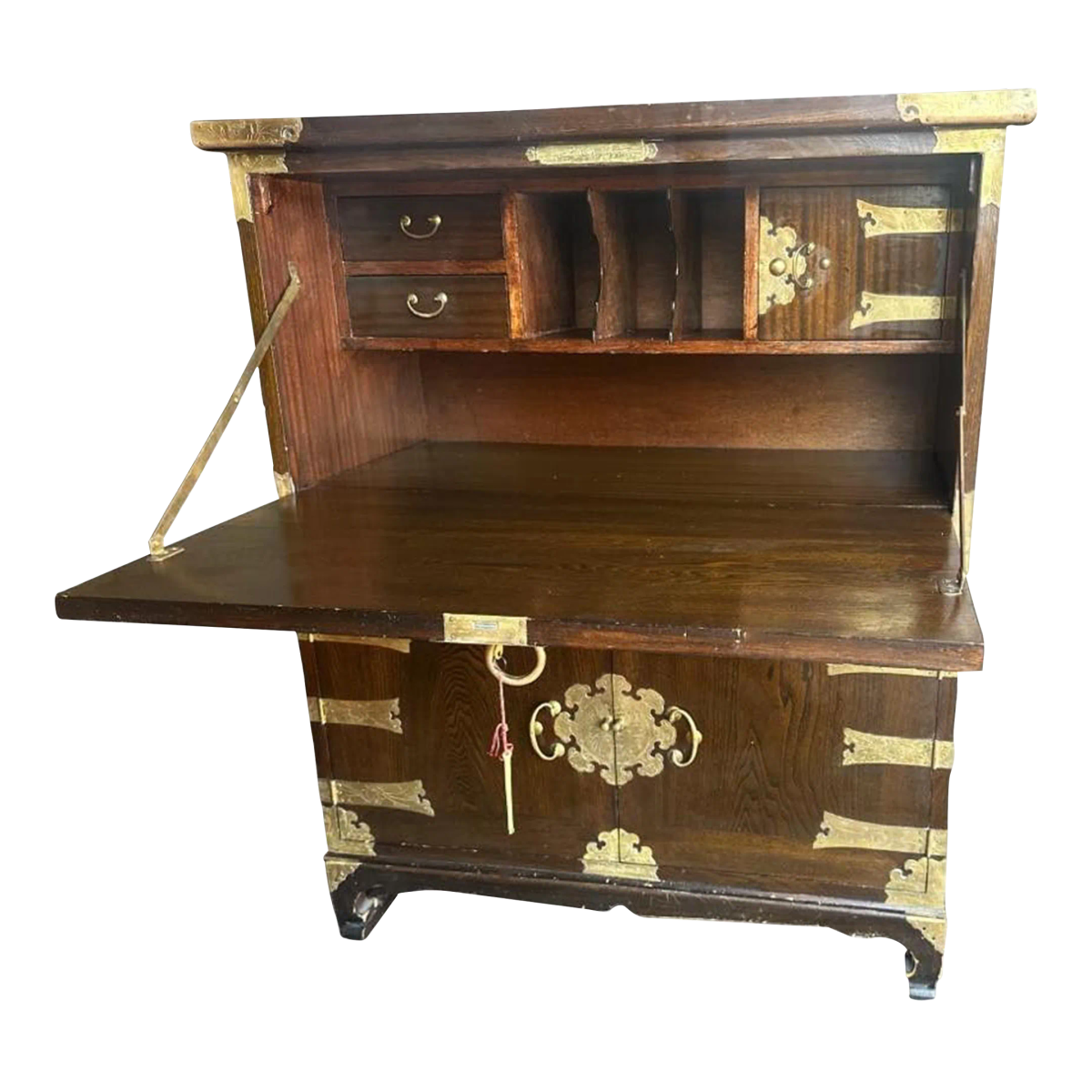 Korean Elmwood and Brass Campaign Style Secretary Desk - Vintage Late 20th Century - Image 2