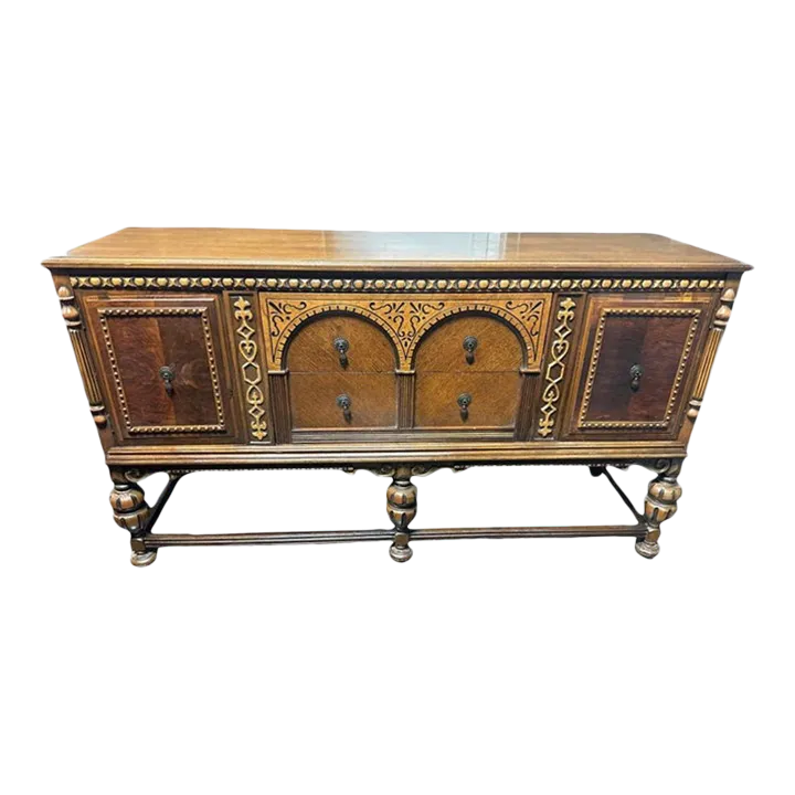 Antique 1920s Moorish Spanish Revival Walnut and Burlwood 66" Buffet Credenza - Image 2