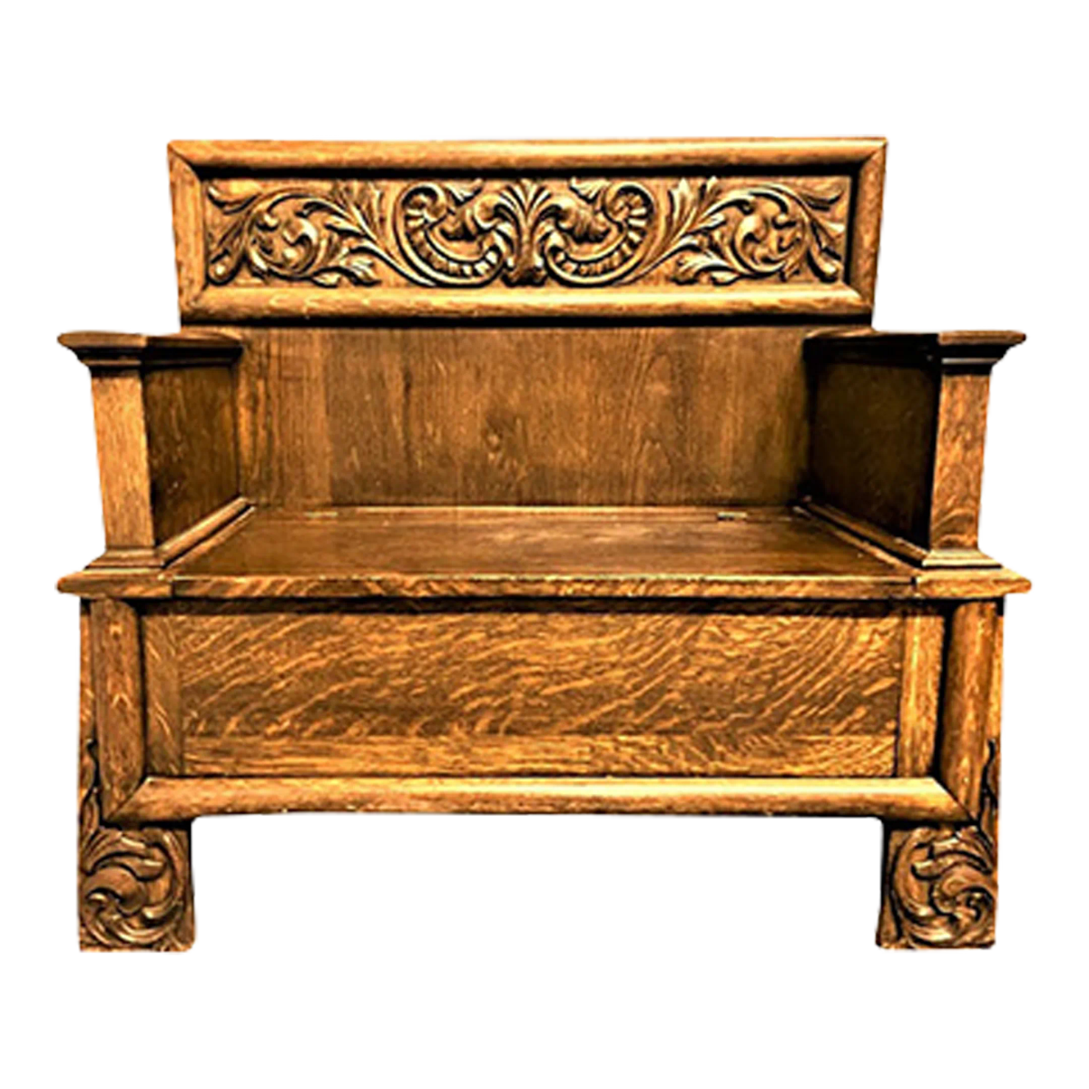 Antique William Morris Style English Arts & Crafts Movement Oak Carved High Back Monk's Bench - Image 2