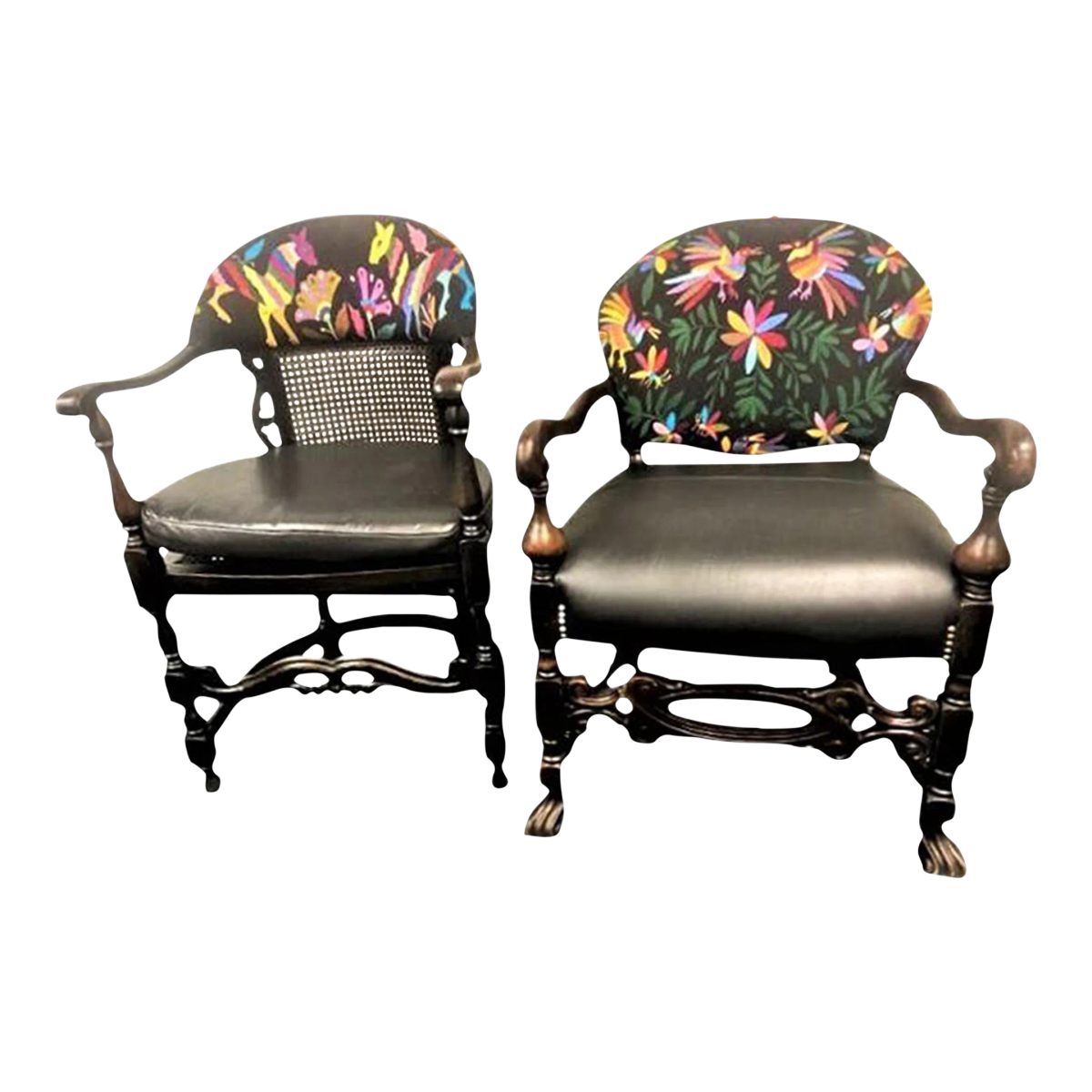 Set of 2 Ornate Spanish Revival Fauteuils With New Otomi Embroidery and Leather Upholstery - Early 20th Century Antiques - Image 2