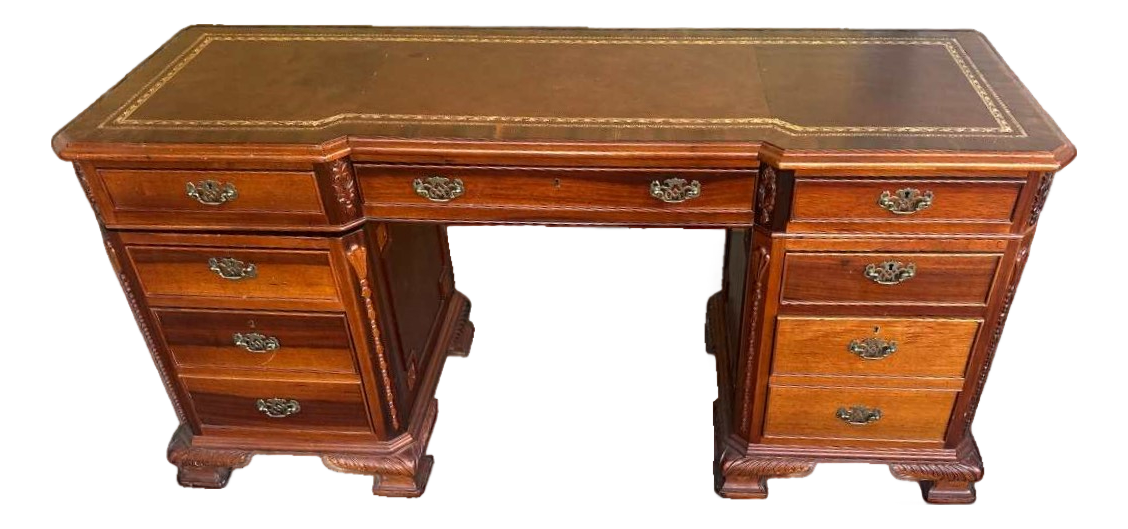 Carved Mahogany Double Pedestal Desk With Tooled Leather Top - Vintage Late 20th Century - Image 2