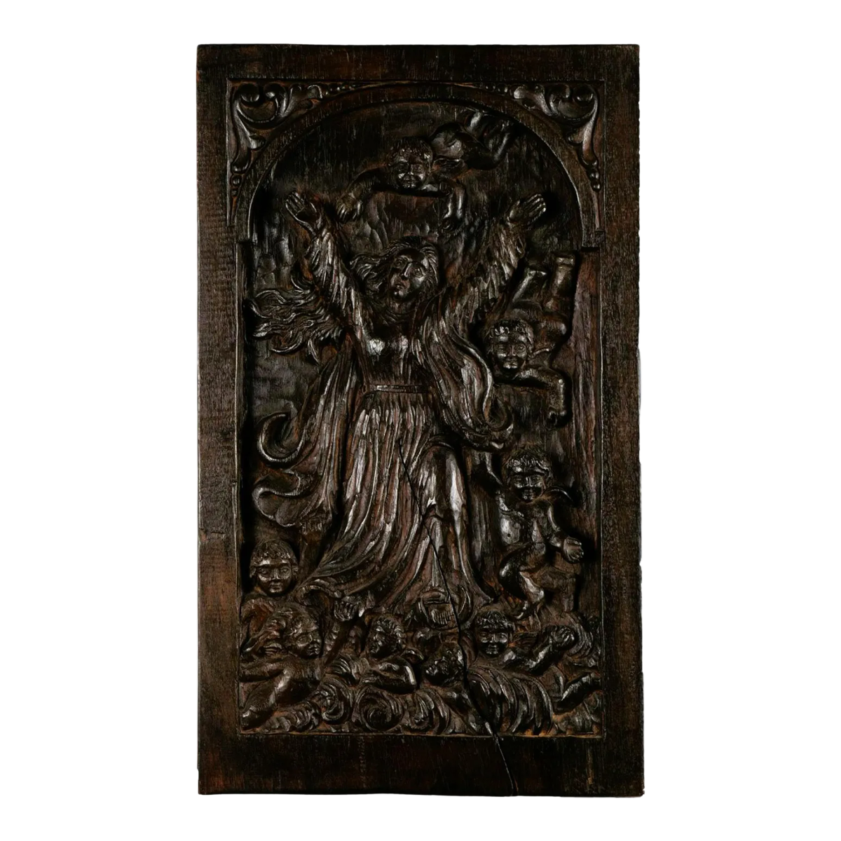 18th Century Spanish Colonial Religious Carved Wood Bas Relief Panel - Nuestra Señora Reina De Los Ángeles - Image 2