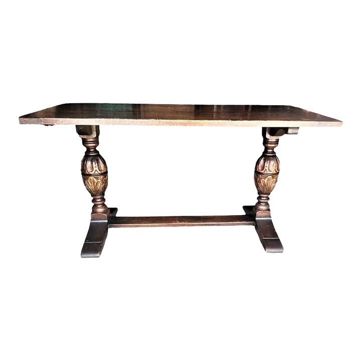 Antique Jacobean or Spanish Revival Dark Oak Trestle Library Table or Dining Table by Kensington Furniture Company - Image 2