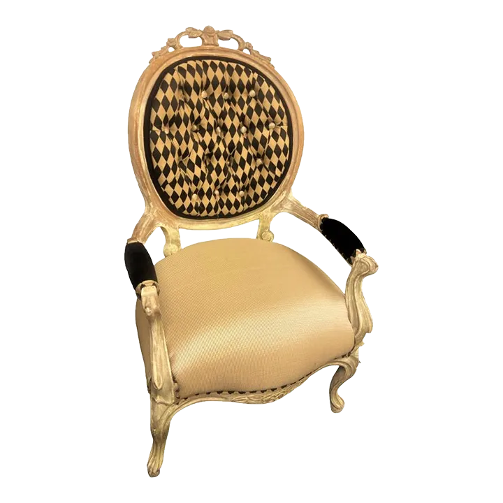 Antique 19th Century Louis XV Fauteuil in Cerused Walnut With New Black and Gold Harlequin Upholstery - Image 2