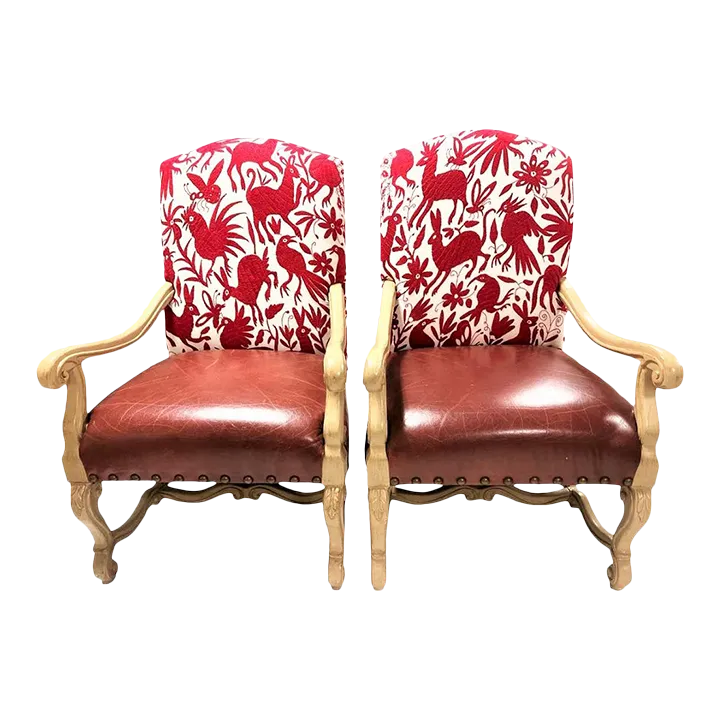 Bernhardt Large Hacienda Chairs in Otomi Hand Embroidery and Leather - a Pair - Early 21st Century - Image 2