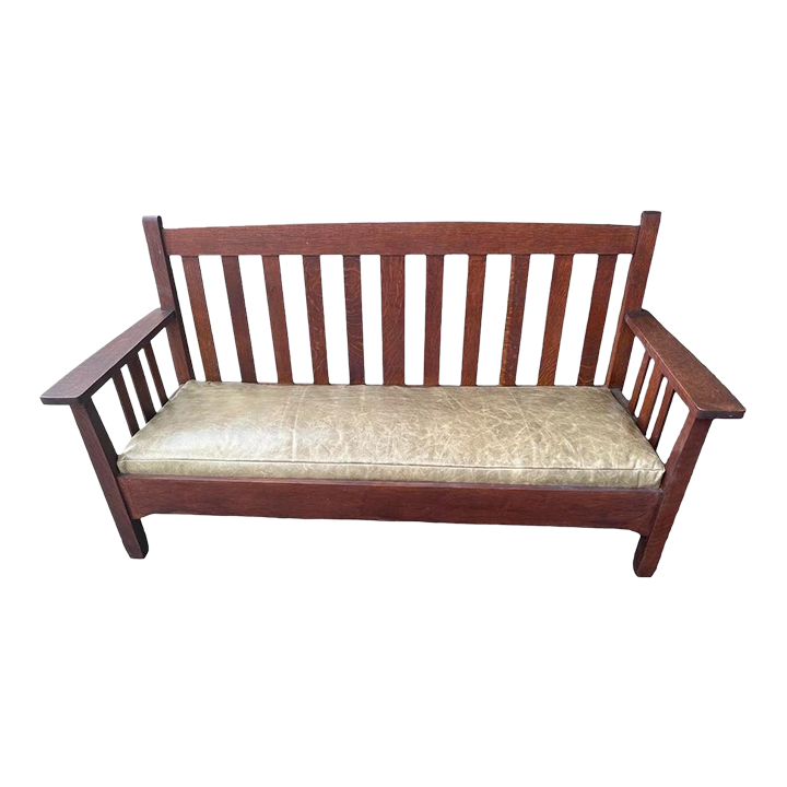 Antique Stickley Brothers Grand Rapids Mission Oak Settee With New Pullup Leather Seat Upholstery - Circa 1900 - Image 2