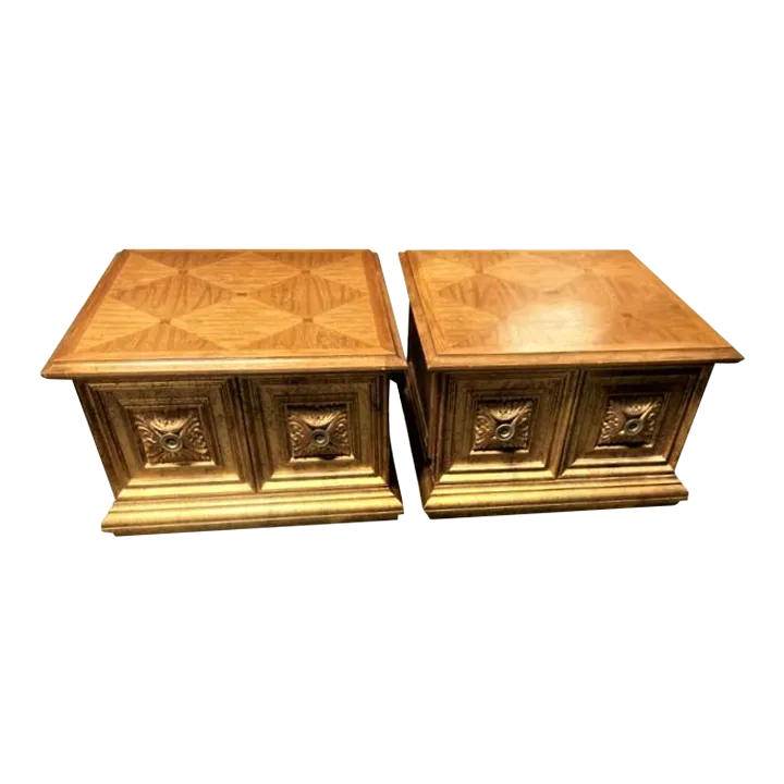 Late 20th Century Hollywood Regency Giltwood and Oak Parquet 30" X 30" Side Tables - a Pair - Image 2