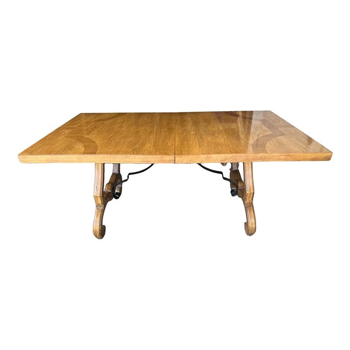 Thomasville Spanish Style Pecan Lyre Leg Dining Table Extending to 104” - Made in 1964 - Image 2