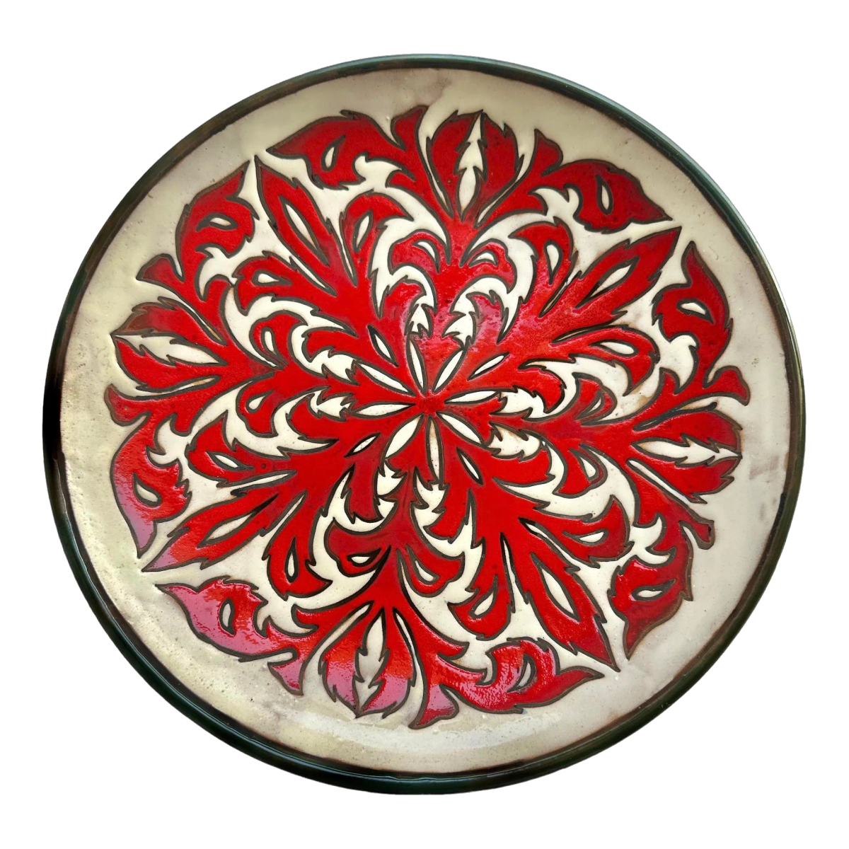 Crimson Acanthus Design Spanish 13.75” Ceramic Plate — Mid 20th Century - Image 2