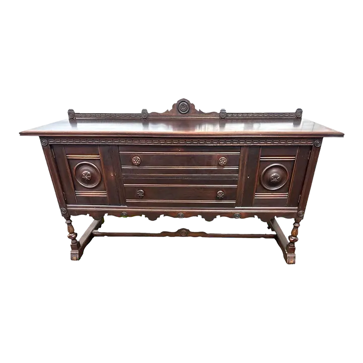 Rare Antique 1920s Baker Furniture Company Walnut Spanish Revival 72" Buffet Sideboard Made in Allegan, Michigan - Image 2
