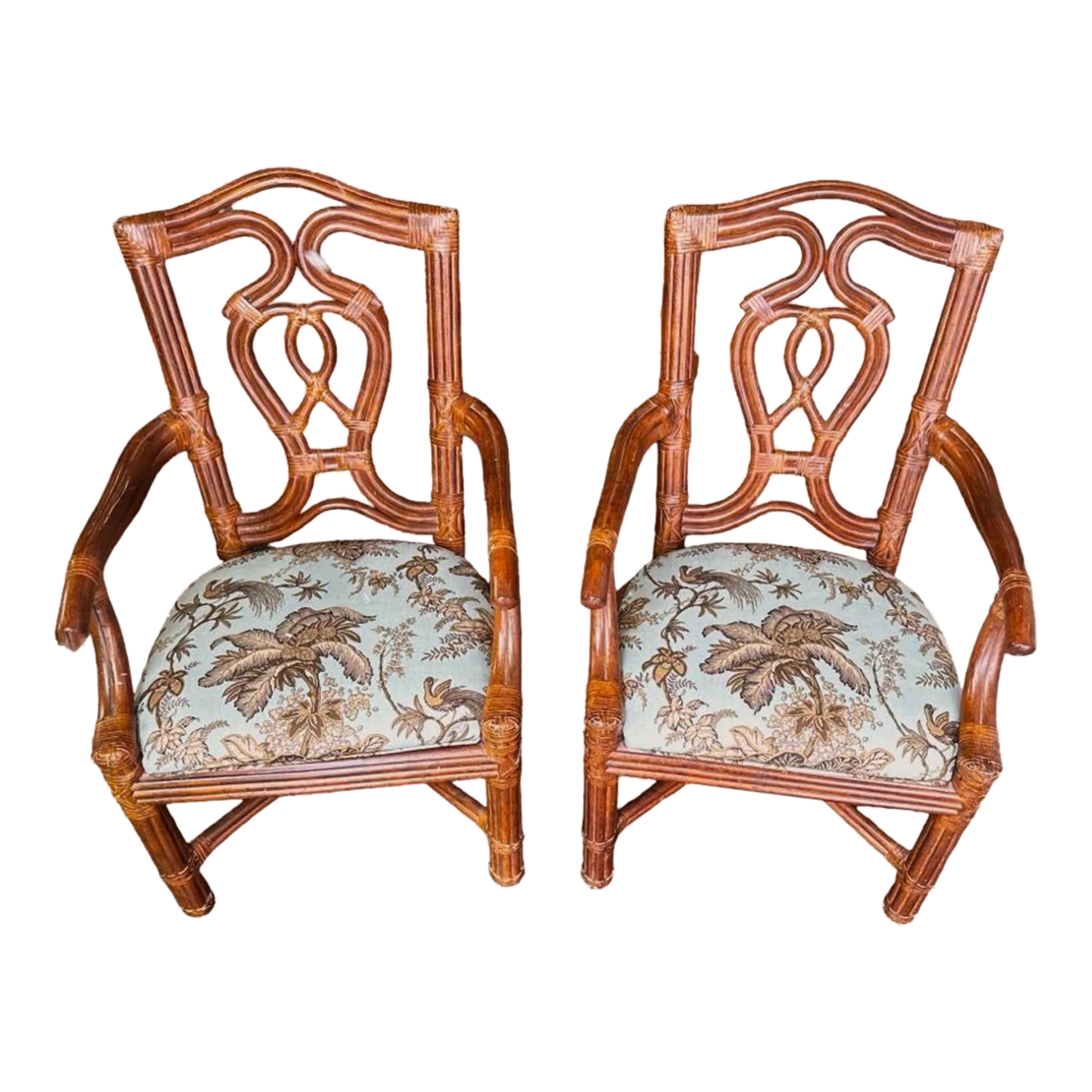 Pair of Vintage Bernhardt Rattan Chairs With New Schumacher Linen ‘Coconut Grove’ Seat Upholstery - Image 2