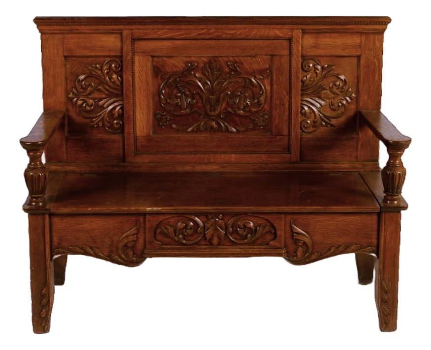 Antique Edwardian Carved High Back Monk's Bench With Storage - Image 2