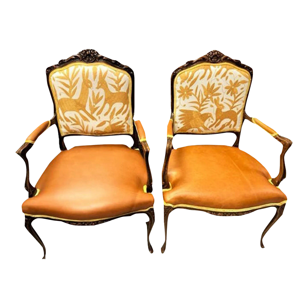 Pair of Vintage Chateau d'Ax Fauteuils With Otomi Hand Embroidery and Cognac Leather - Mid 20th Century - Image 2