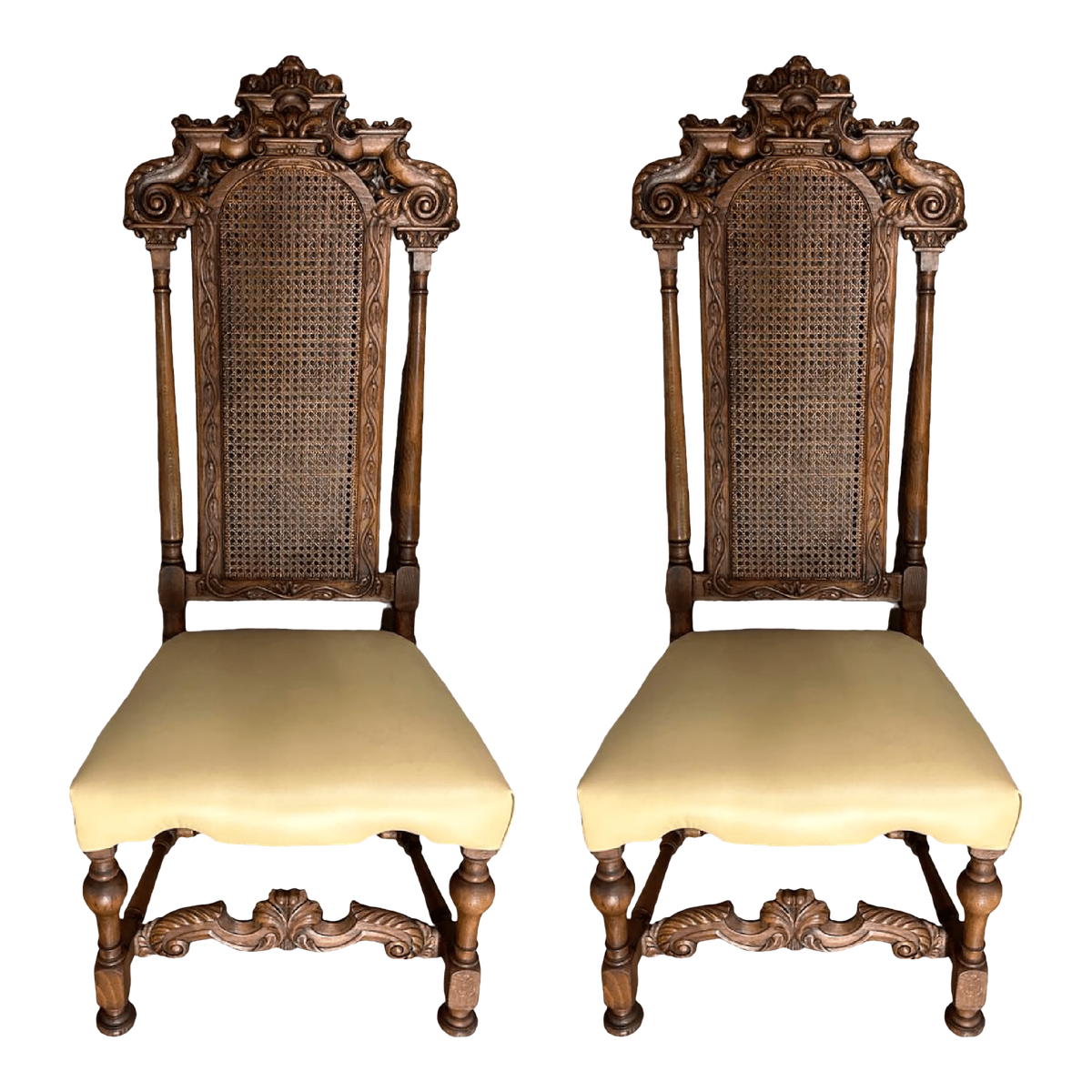 Antique 19th Century Ornately Carved Oak and Caning Renaissance Revival Chairs With New Leather Seat Upholstery - a Pair - Image 2