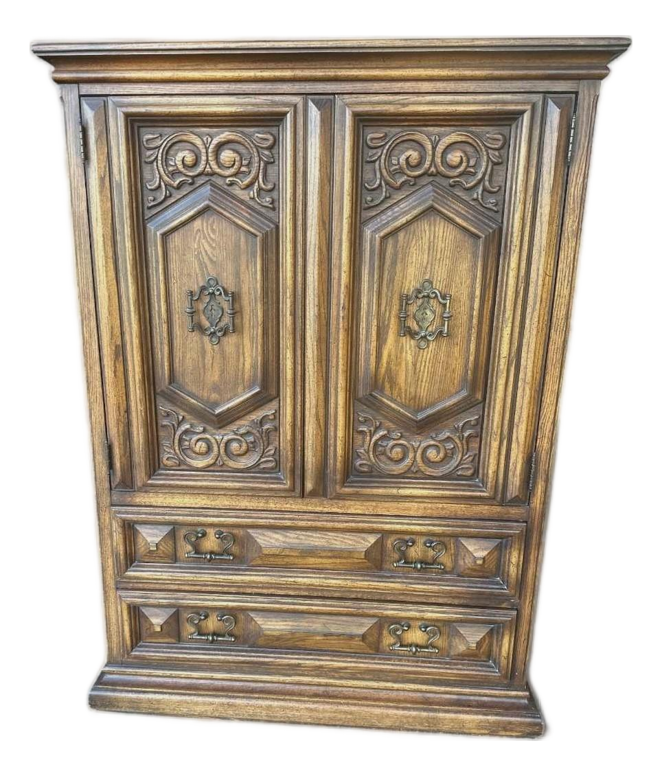 Spanish Colonial Revival Vintage Carved Solid Oak Gentleman's Chest or Armoire Crafted in North Carolina by United Furniture - Image 2
