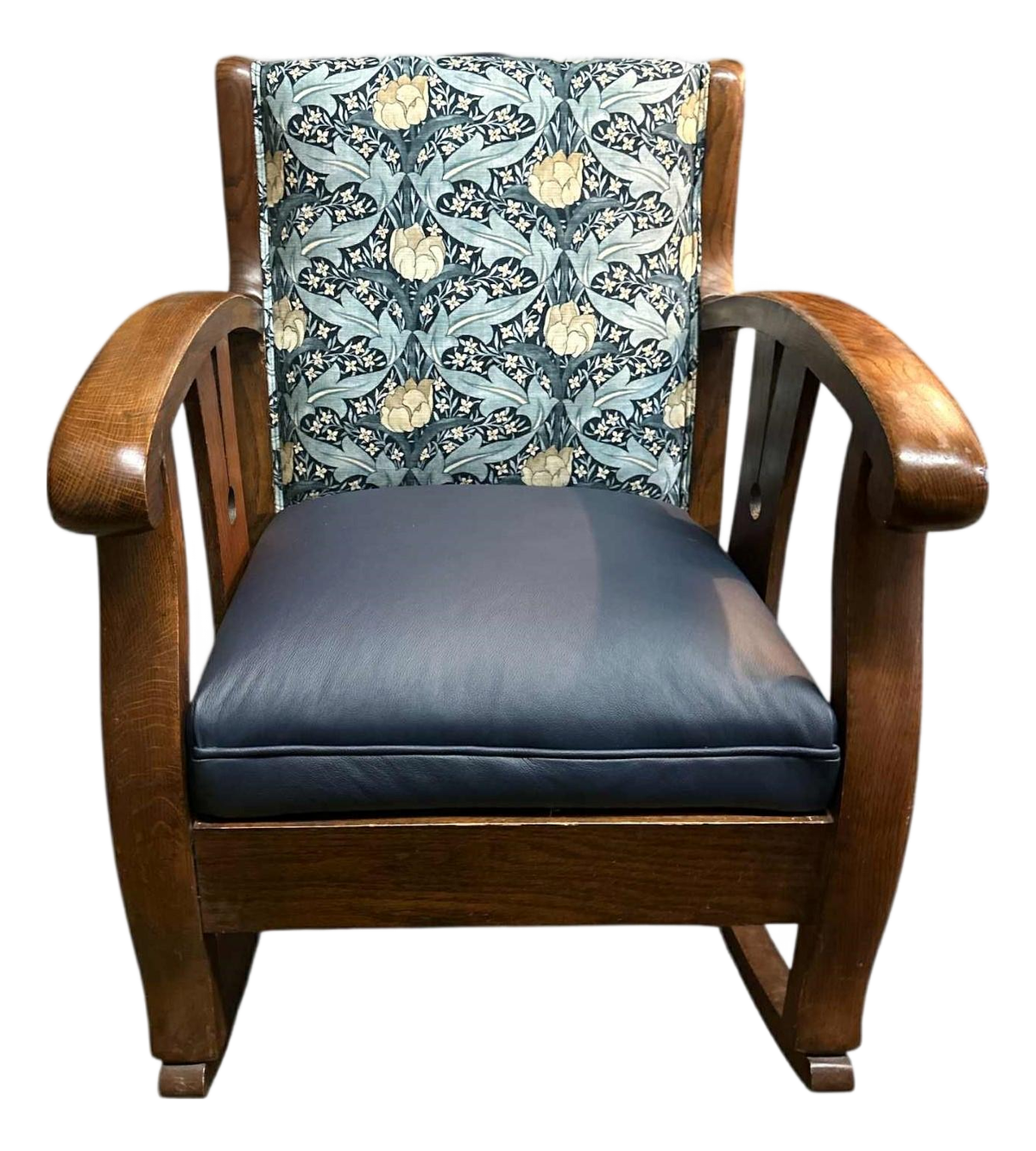 Late 19th Century Liberty & Co. Attributed Oak Rocking Chair With New G. P. & J. Baker Indigo and Ivory Linen and Indigo Leather - Image 2