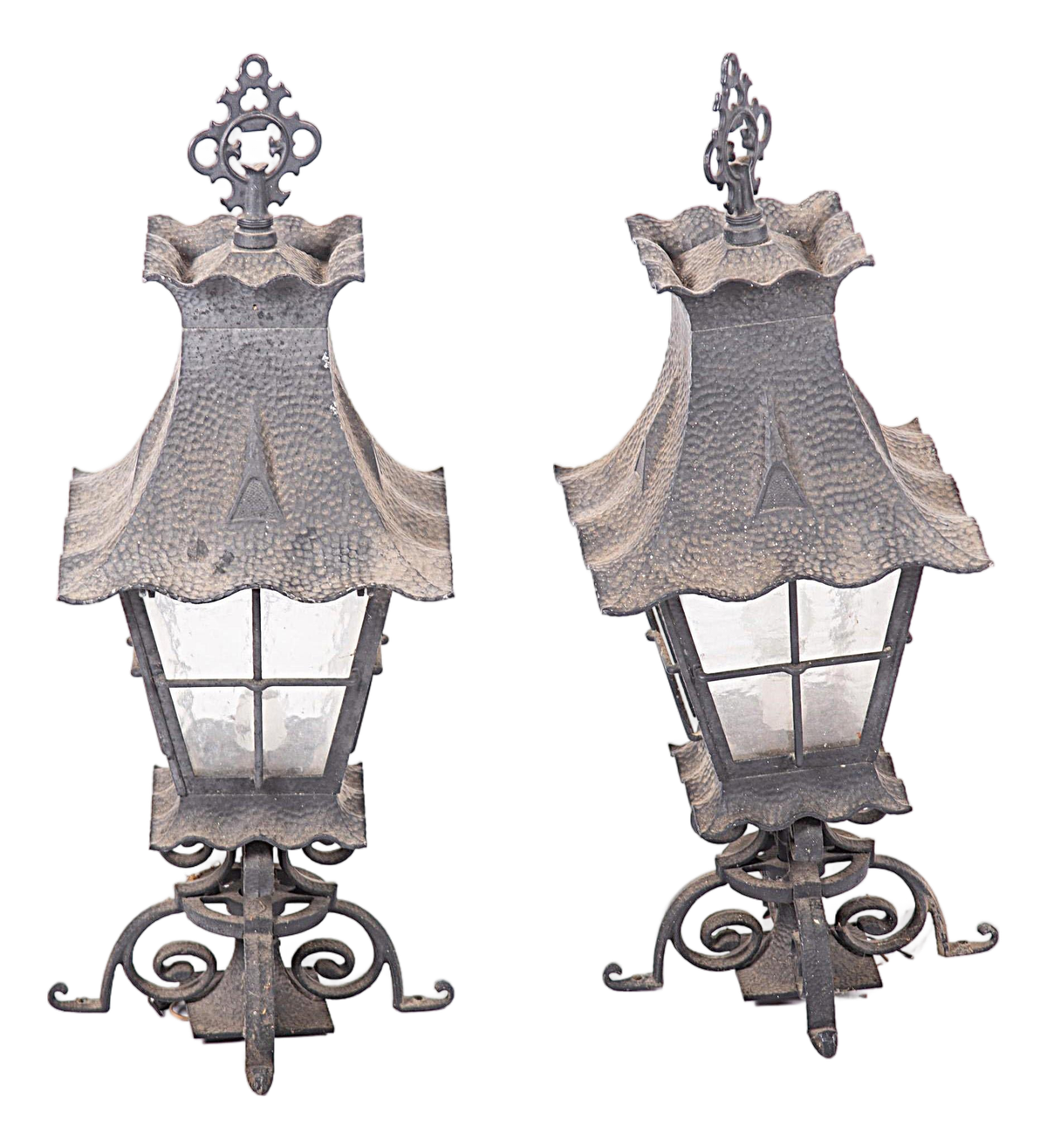 Pair of Spanish Revival Hammered Metal Lanterns - Vintage Late 20th Century - Image 2