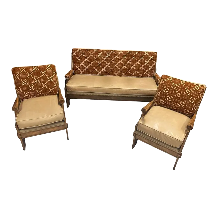 Romweber Viking Oak Sofa With Two Chairs - Upholstered With Artisanal African Textile and Leather - Vintage Mid 20th Century - Image 2