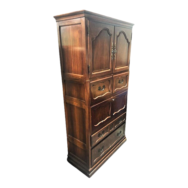 Baker Furniture Cherry Wood Armoire With Tooled Leather Drop Down Desk - Late 20th Century - Image 2