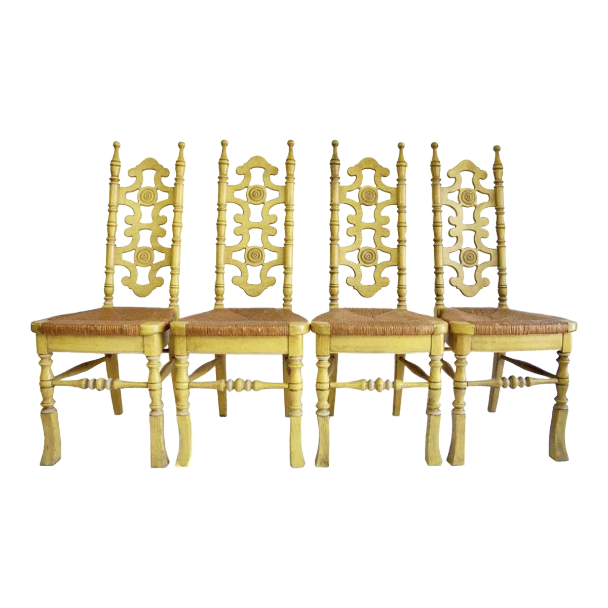 Thomasville Mid-Century Vintage Spanish Revival Oak Dining Chairs With Rush Seats and Distressed Yellow Paint - Set of 4 - Image 2