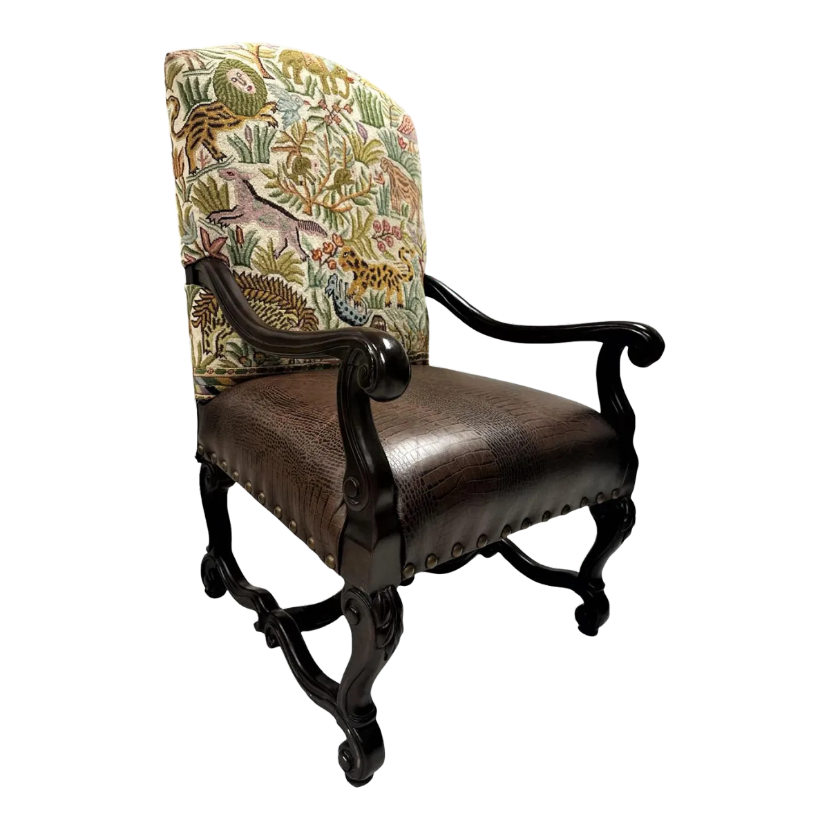 Hacienda Chair Upholstered With Jungle Animals Tapestry and Embossed Cowskin - Image 2