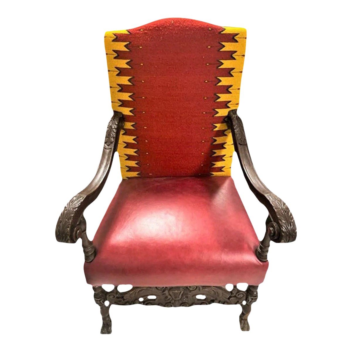 Antique Hacienda Throne Chair Reupholstered With Hand Loomed Oaxaca Tapestry and Leather - Image 2