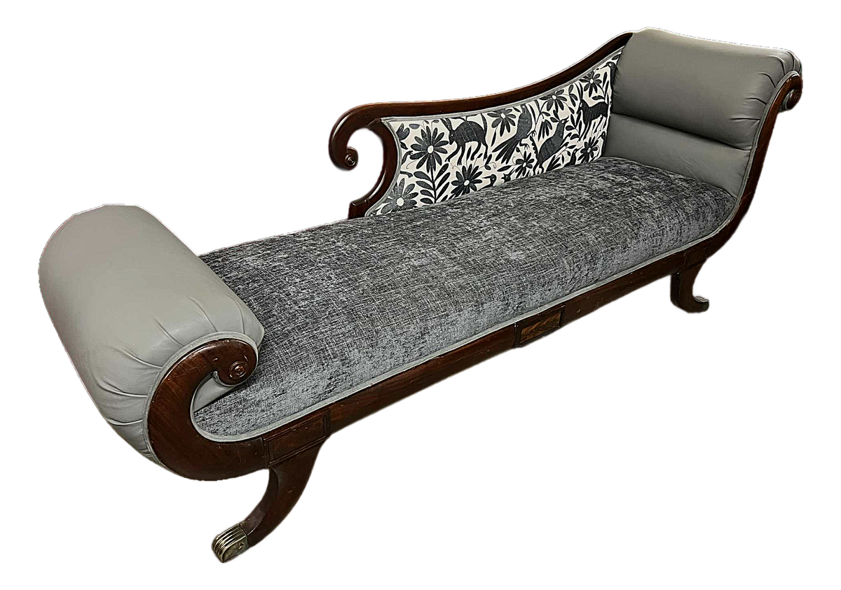 ‘Empress Carlota’ Mahogany Empire Chaise - Circa 1860s - Reupholstered With New Otomi Hand Embroidery and Leather - Image 2