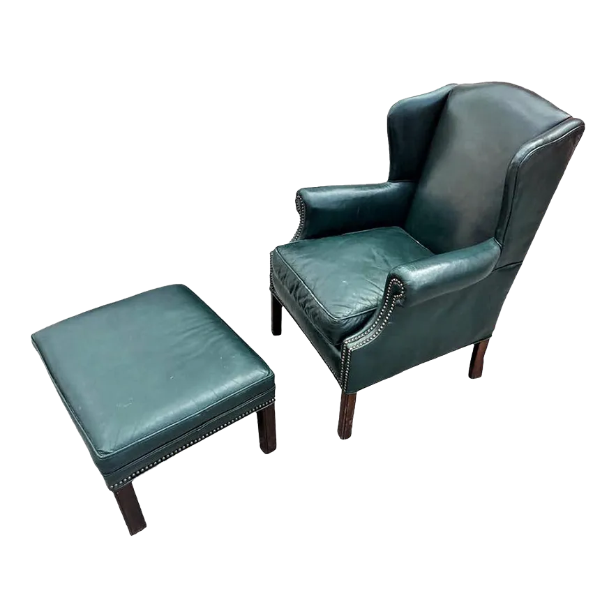 Leather Chair and Ottoman Set in Dark Green - Vintage Late 20th Century - Image 2