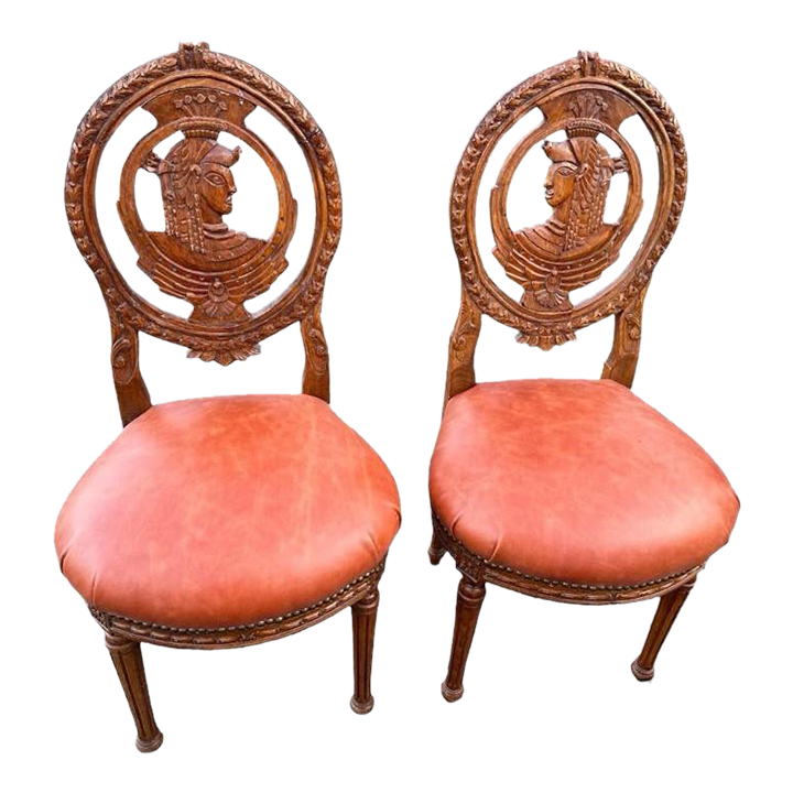 Louis XVI Carved Oak French Accent Chairs With New Caramel Colored Leather Seats - a Pair - Image 2