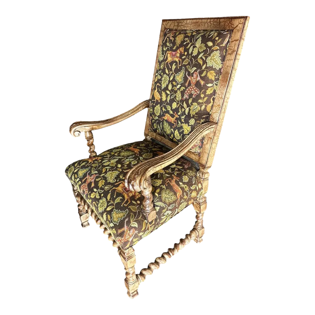 Hacienda Chair With Barley Twist Legs and Mughal Bestiary Upholstery - Circa 2020s - Image 2