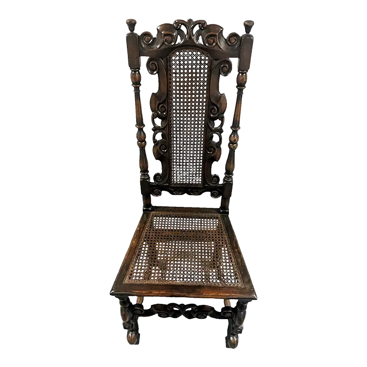 Antique Spanish Hacienda Style Accent Chair in Carved Walnut and Caning - Early 20th Century - Image 2